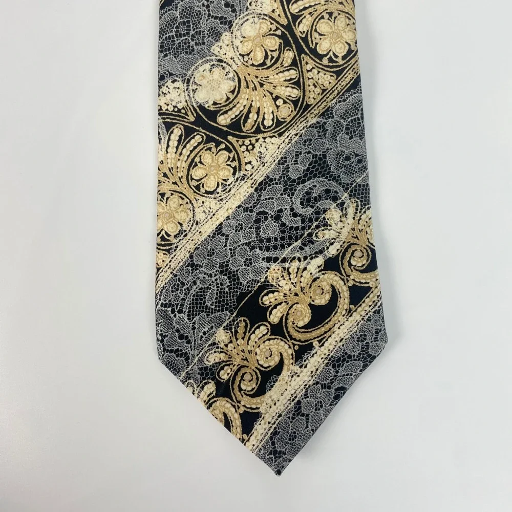 Christian Lacroix Tie Floral Lace Print Stripe Silk Necktie Made in Italy Formal
